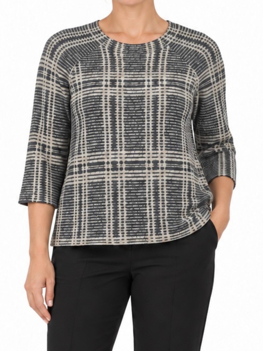 Eilleen Fisher Ash Gray merino wool blend plaid knit sweater women's size S/M